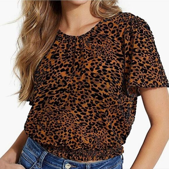 NWT Guess Women's Rhelin Wreckless Cheetah Print Top Brown Black M - Picture 1 of 10